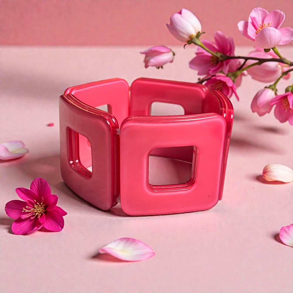 Miranda Hot Pink Geometric Square Link Stretch Bracelet Retro Resin Accrylic